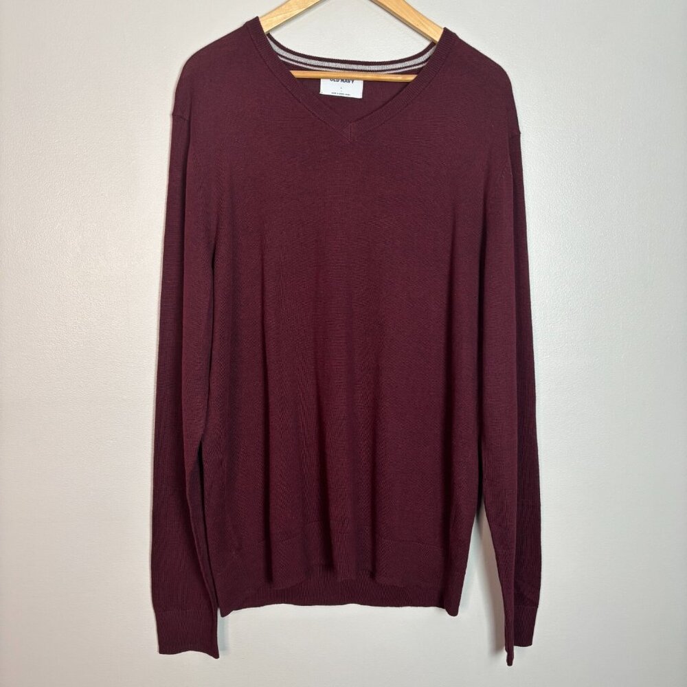 Old Navy Sweater Men's Large Burgundy Red V-Neck Cotton Blend Pullover